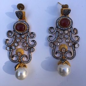 Stunning Crystal and Pearl Earrings with Red Stone